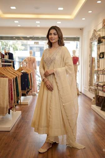 Cream silk blend embroidered anarkali set