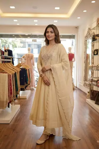 Cream silk blend embroidered anarkali set