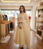 Cream silk blend embroidered anarkali set