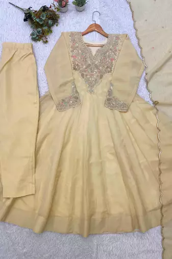 Cream silk blend embroidered anarkali set