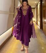 Purple crepe embroidered kurta set
