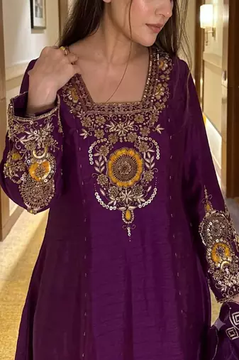 Purple crepe embroidered kurta set