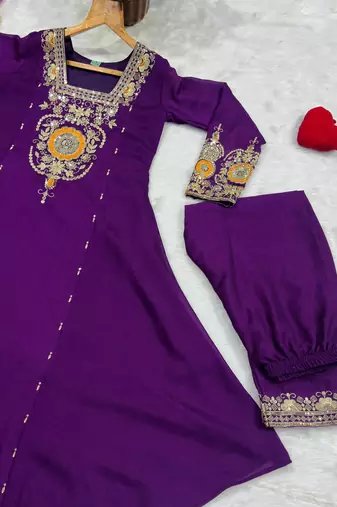 Purple crepe embroidered kurta set