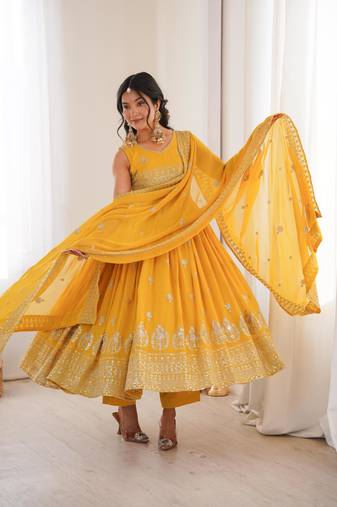 Yellow silk blend embroidered anarkali set