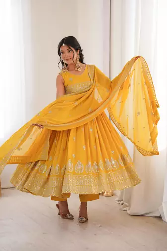 Yellow silk blend embroidered anarkali set