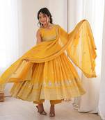 Yellow silk blend embroidered anarkali set