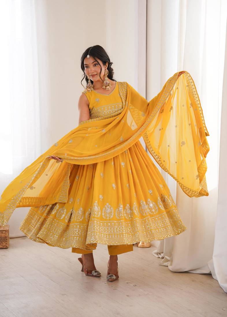Yellow silk blend embroidered anarkali set