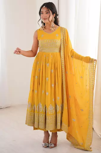 Yellow silk blend embroidered anarkali set