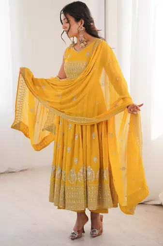 Yellow silk blend embroidered anarkali set