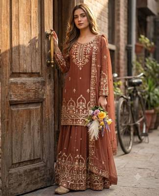 Brown faux georgette embroidered sharara set 1