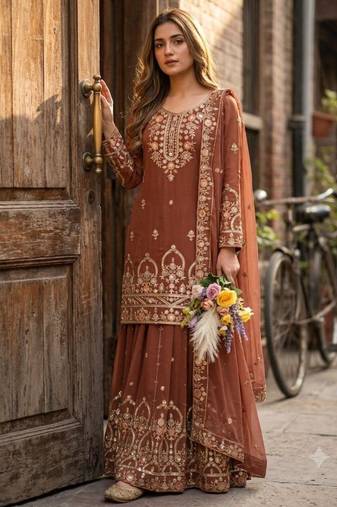 Brown faux georgette embroidered sharara set