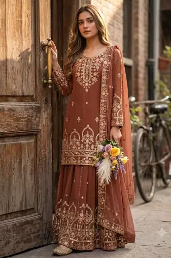 Brown faux georgette embroidered sharara set