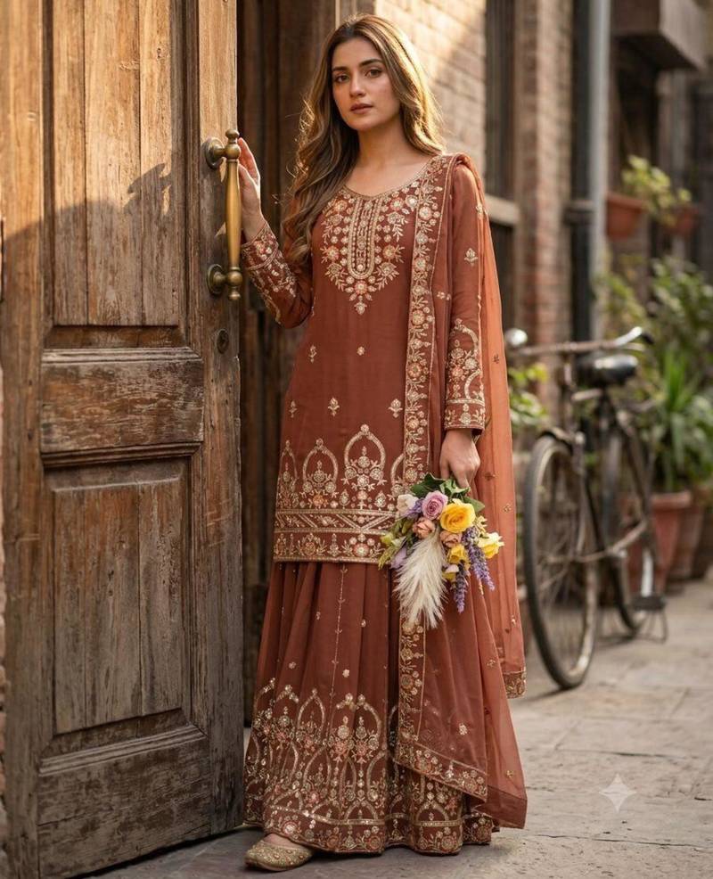 Brown faux georgette embroidered sharara set