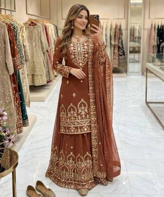 Brown faux georgette embroidered sharara set 2