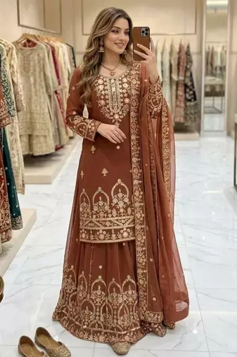 Brown faux georgette embroidered sharara set