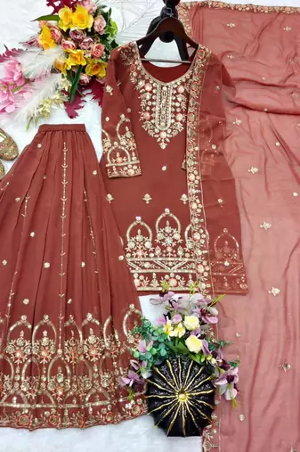 Brown faux georgette embroidered sharara set