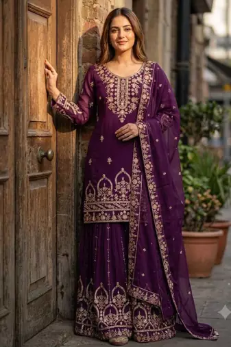 Purple faux georgette embroidered sharara set