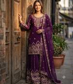 Purple faux georgette embroidered sharara set