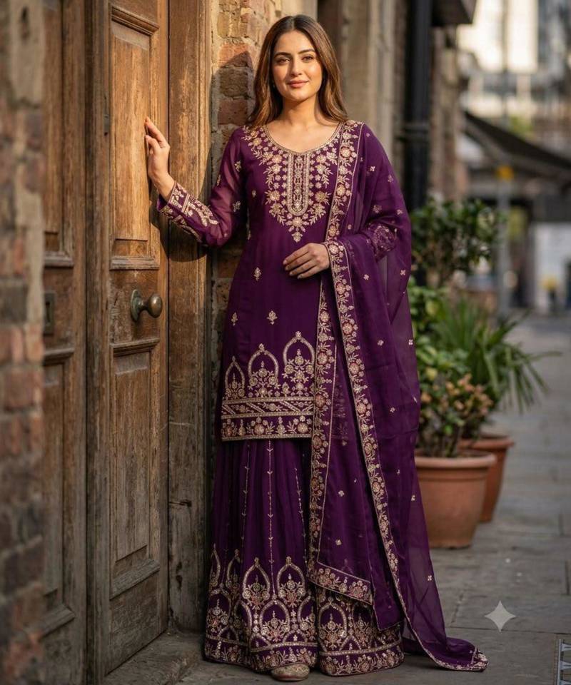 Purple faux georgette embroidered sharara set