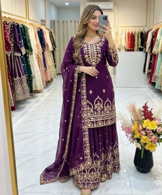Purple faux georgette embroidered sharara set 2
