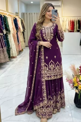 Purple faux georgette embroidered sharara set