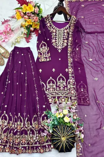 Purple faux georgette embroidered sharara set