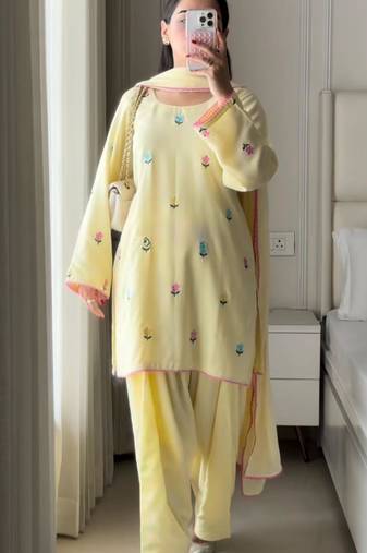 Light-yellow faux georgette embroidered farshi salwar set