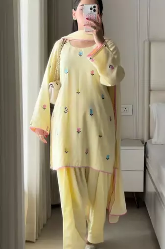 Light-yellow faux georgette embroidered farshi salwar set