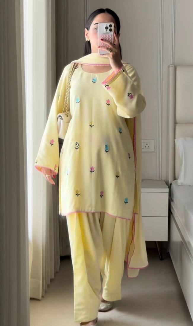 Light-yellow faux georgette embroidered farshi salwar set