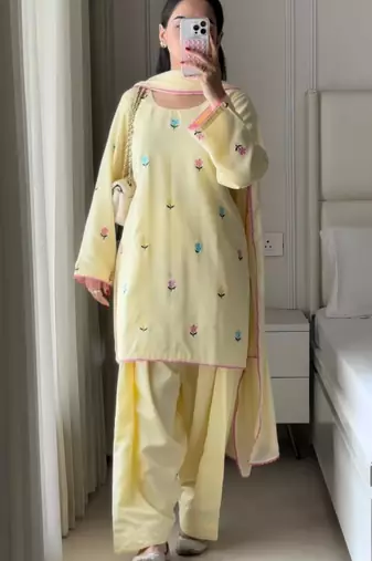 Light-yellow faux georgette embroidered farshi salwar set