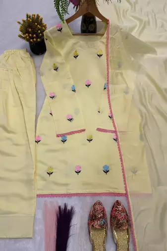 Light-yellow faux georgette embroidered farshi salwar set