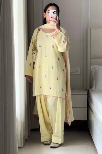 Light-yellow faux georgette embroidered farshi salwar set
