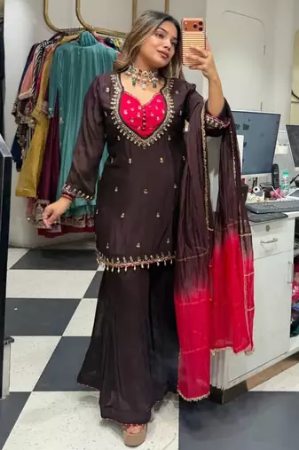 Dark-brown silk blend embroidered palazzo set