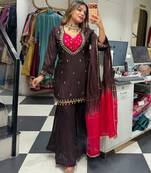 Dark-brown silk blend embroidered palazzo set