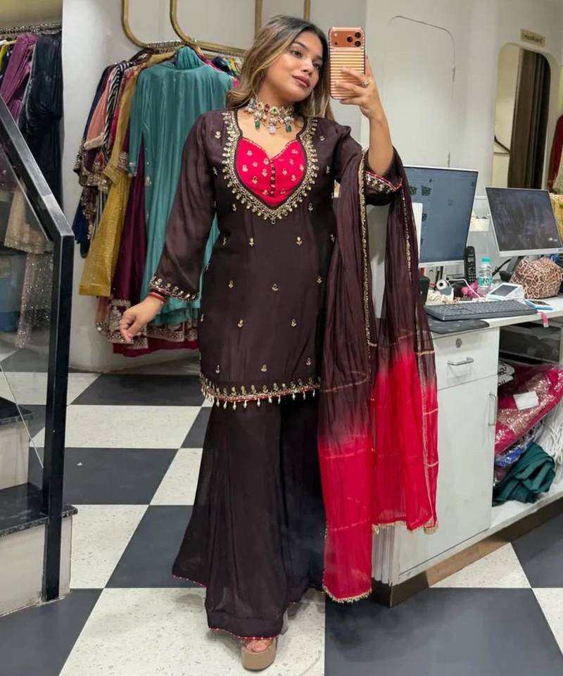 Dark-brown silk blend embroidered palazzo set