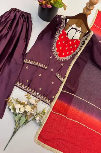 Dark-brown silk blend embroidered palazzo set