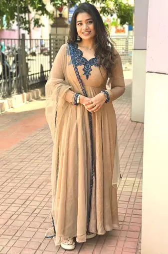 Light-brown crepe embroidered flared gown set