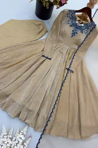 Light-brown crepe embroidered flared gown set