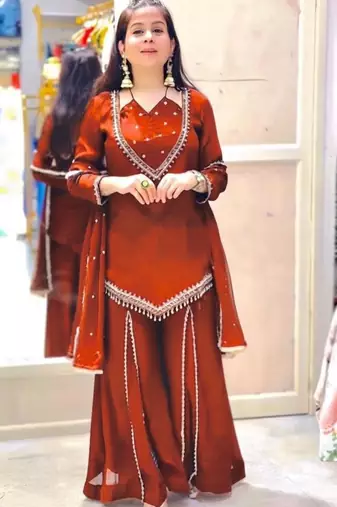 Dark-orange georgette embroidered palazzo set