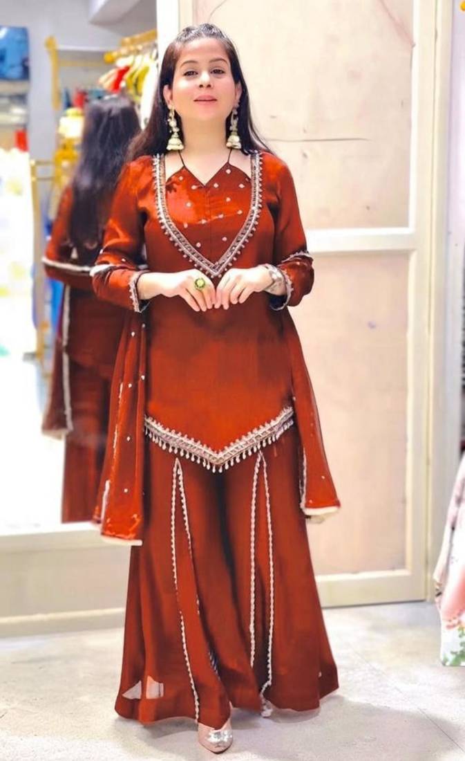 Dark-orange georgette embroidered palazzo set