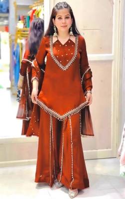 Dark-orange georgette embroidered palazzo set 2