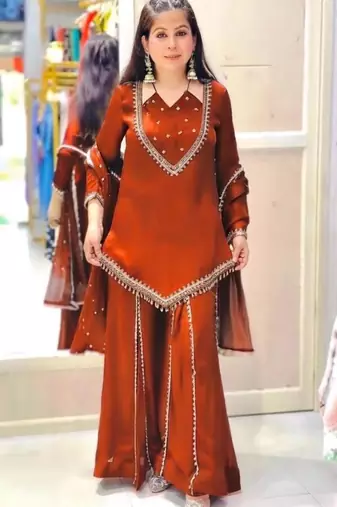 Dark-orange georgette embroidered palazzo set