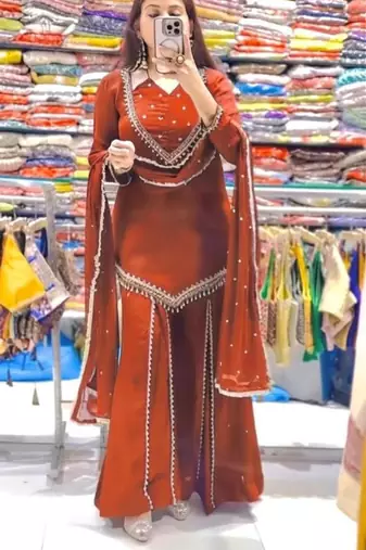 Dark-orange georgette embroidered palazzo set