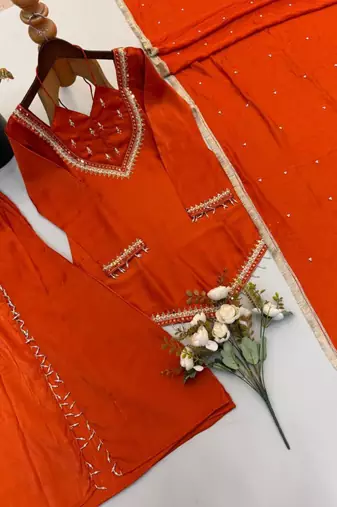 Dark-orange georgette embroidered palazzo set