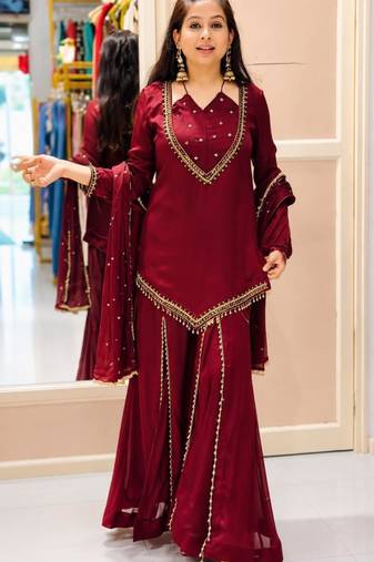 Maroon silk blend embroidered palazzo set