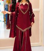 Maroon silk blend embroidered palazzo set