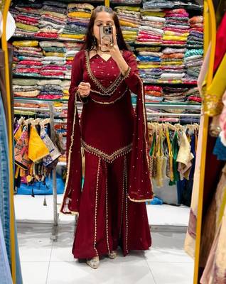 Maroon silk blend embroidered palazzo set 3
