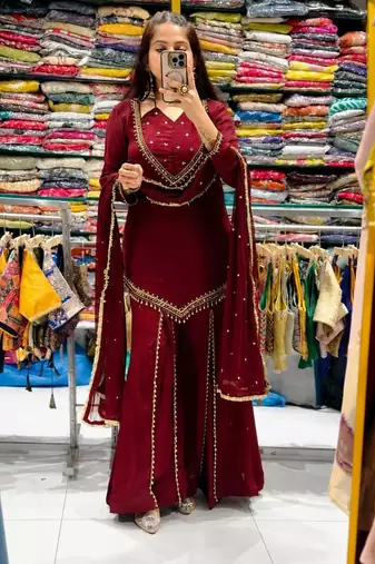 Maroon silk blend embroidered palazzo set