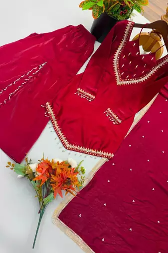 Maroon silk blend embroidered palazzo set