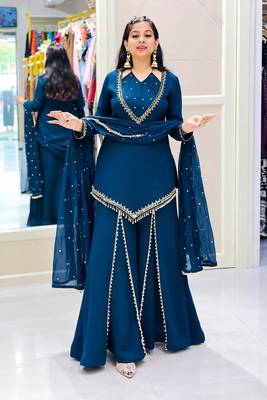 Teal-blue silk blend embroidered palazzo set 1